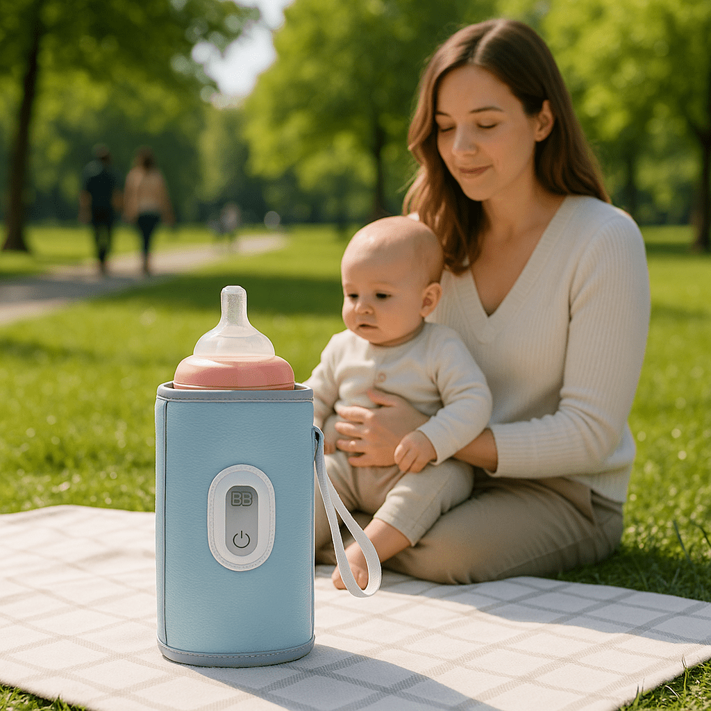 chauffe biberon nomad compact sur la couverture avec maman et bebe