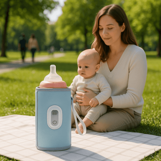 chauffe biberon nomad compact sur la couverture avec maman et bebe