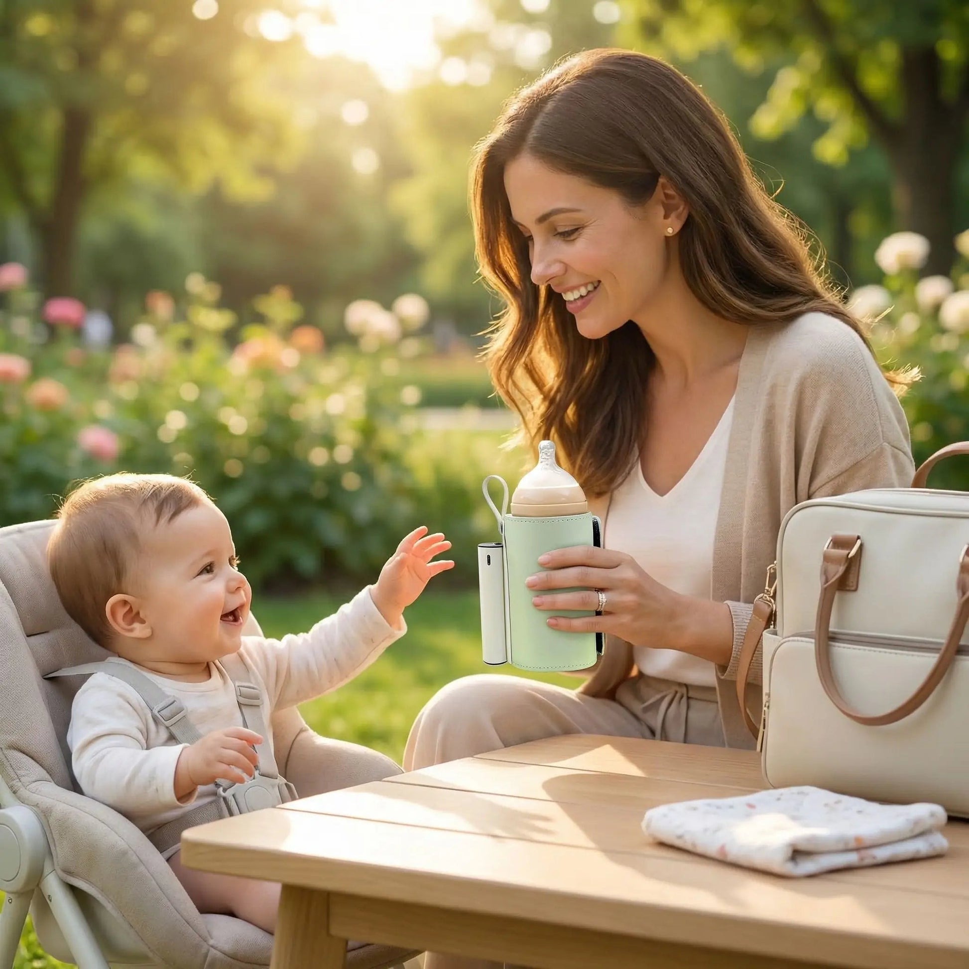 chauffe biberon nomad easycarry au parc avec maman et bébé