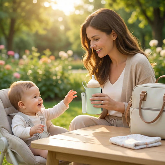 chauffe biberon nomad easycarry au parc avec maman et bébé