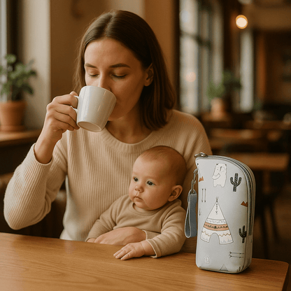 chauffe biberon nomad thermotravel à coté de maman et bébé