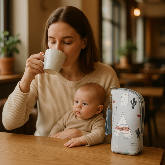 chauffe biberon nomad thermotravel sur la table à coté de maman et bébé