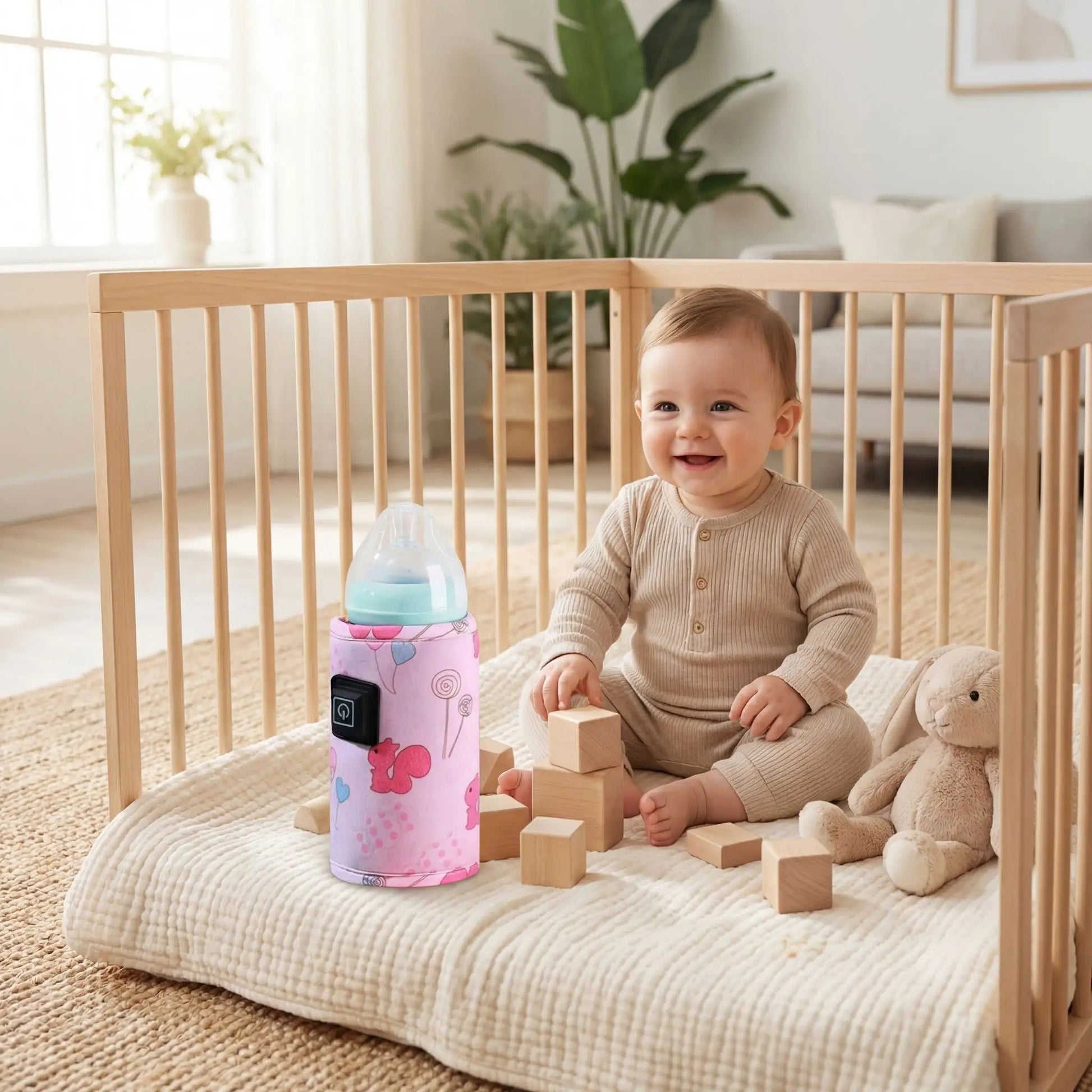 chauffe - biberon nomade babyfast sur la couverture avec bébé au salon