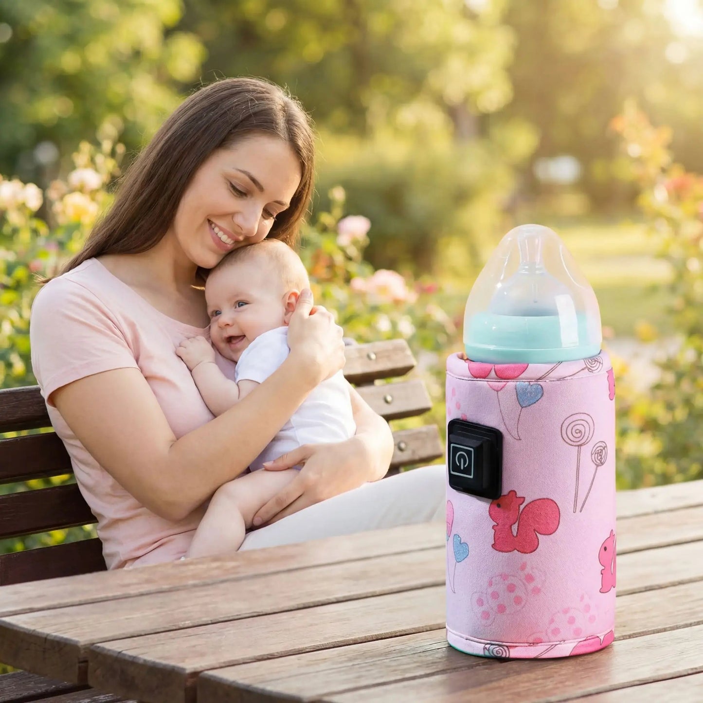 chauffe - biberon nomade babyfast sur la table au parc avec bébé et maman