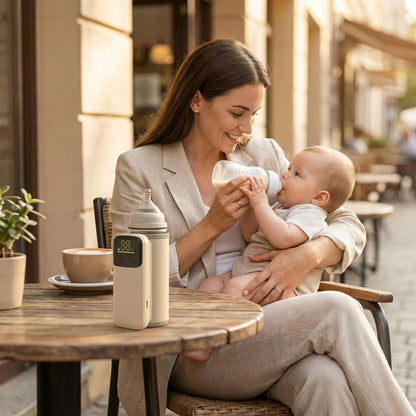 chauffe biberon nomade multitemp sur la table au café restaurant avec maman et bébé
