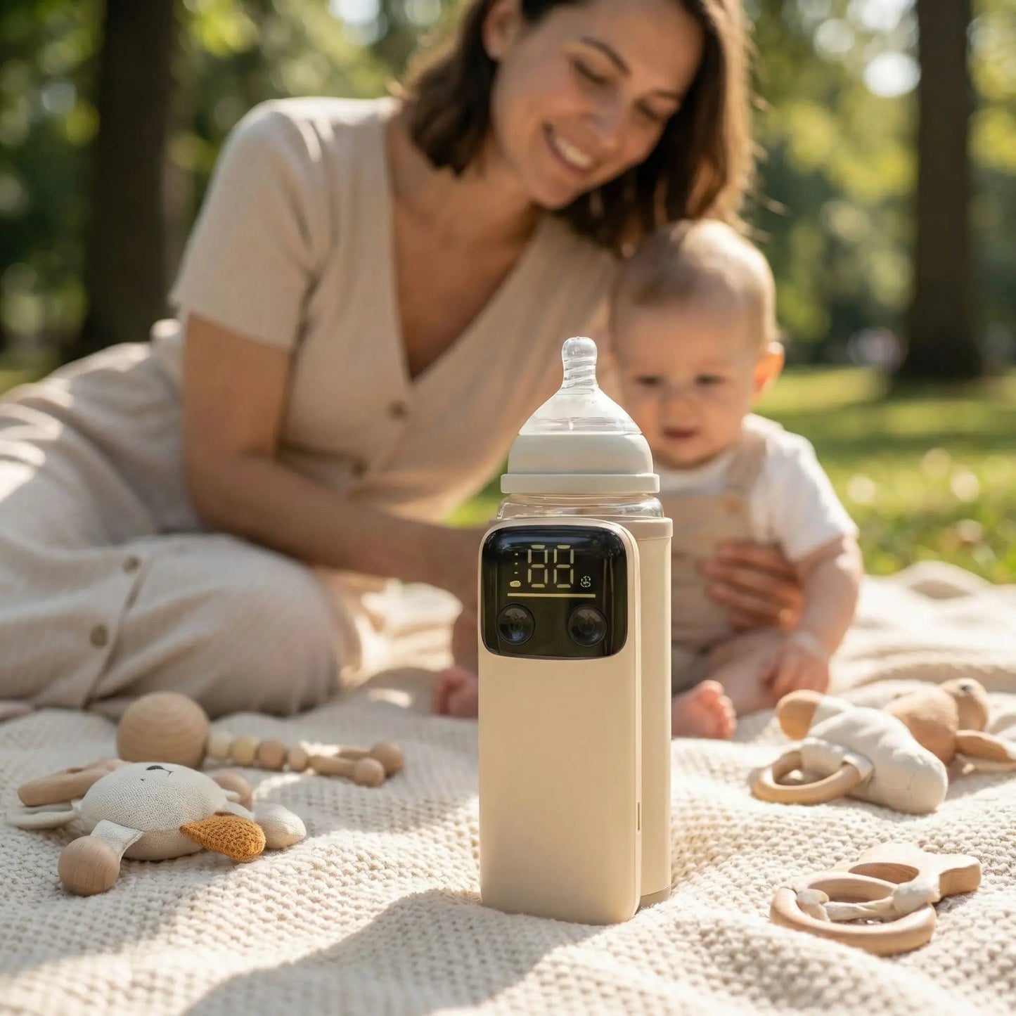 chauffe biberon nomade multitemp sur la couverture avec maman et bébé