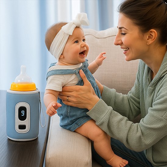 chauffe biberon nomade pratique sur la table à coté de maman et bébé
