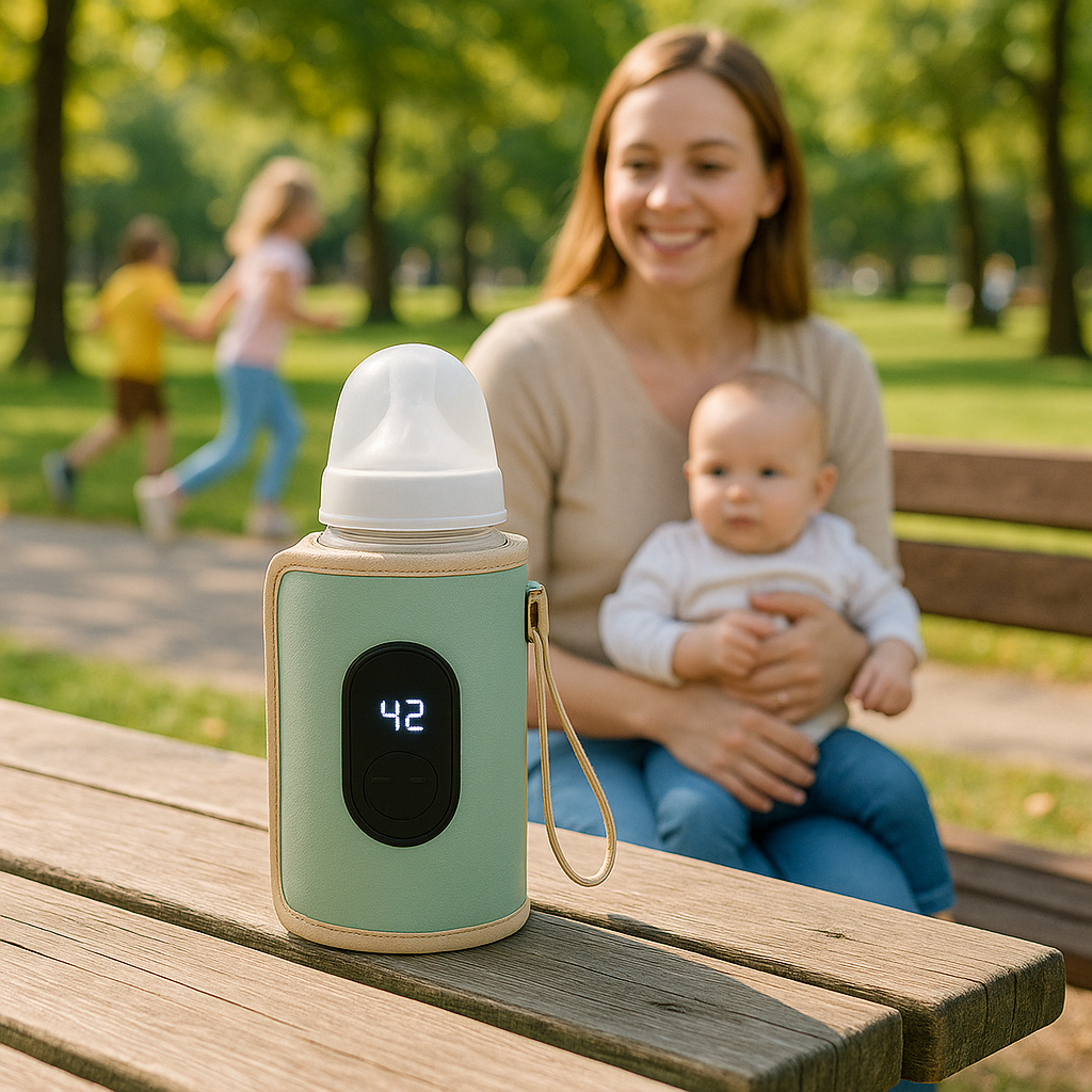 chauffe biberon nomade travelwarm sur la table à coté de maman et bébé