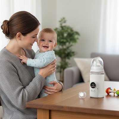 chauffe - biberon nomade ultrafast sur la able à coté de maman et bébé