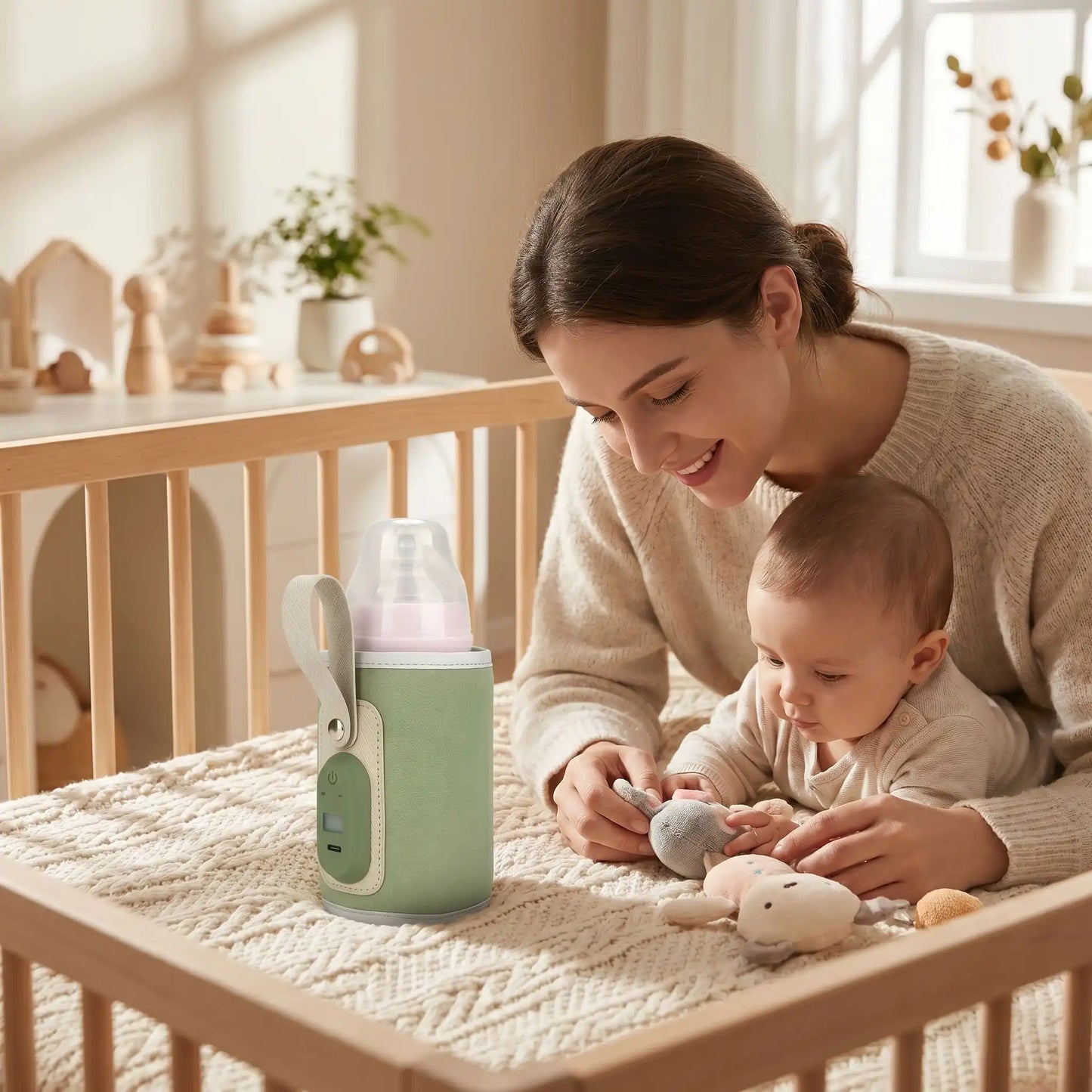 chauffe-biberon portable USB express sur la couverture avec bébé  et maman