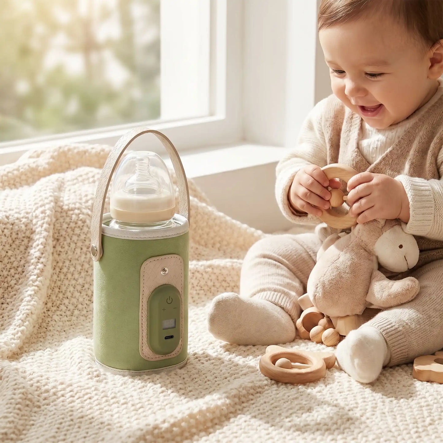 chauffe-biberon portable USB express sur la couverture avec bébé