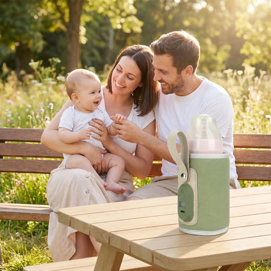 chauffe-biberon portable USB express sur la table au parc avec bébé maman et papa