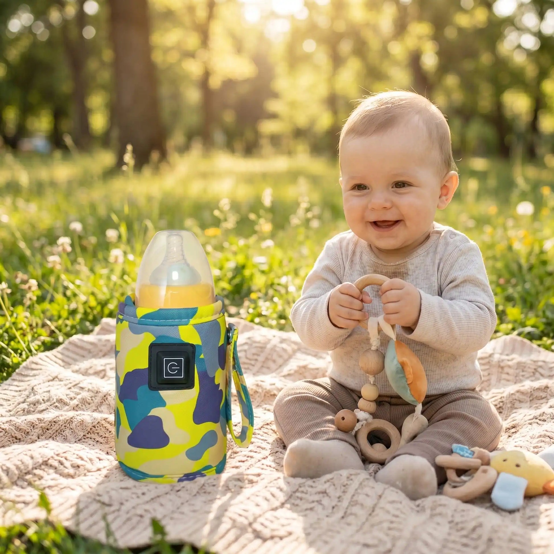 chauffe biberon portable babynomade sur la couverture au parc avec bébé