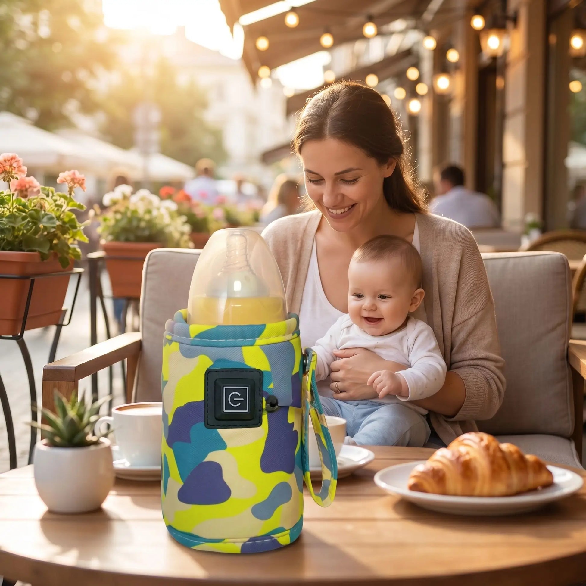 chauffe biberon portable babynomade sur la table au café restaurant avec bébé et maman