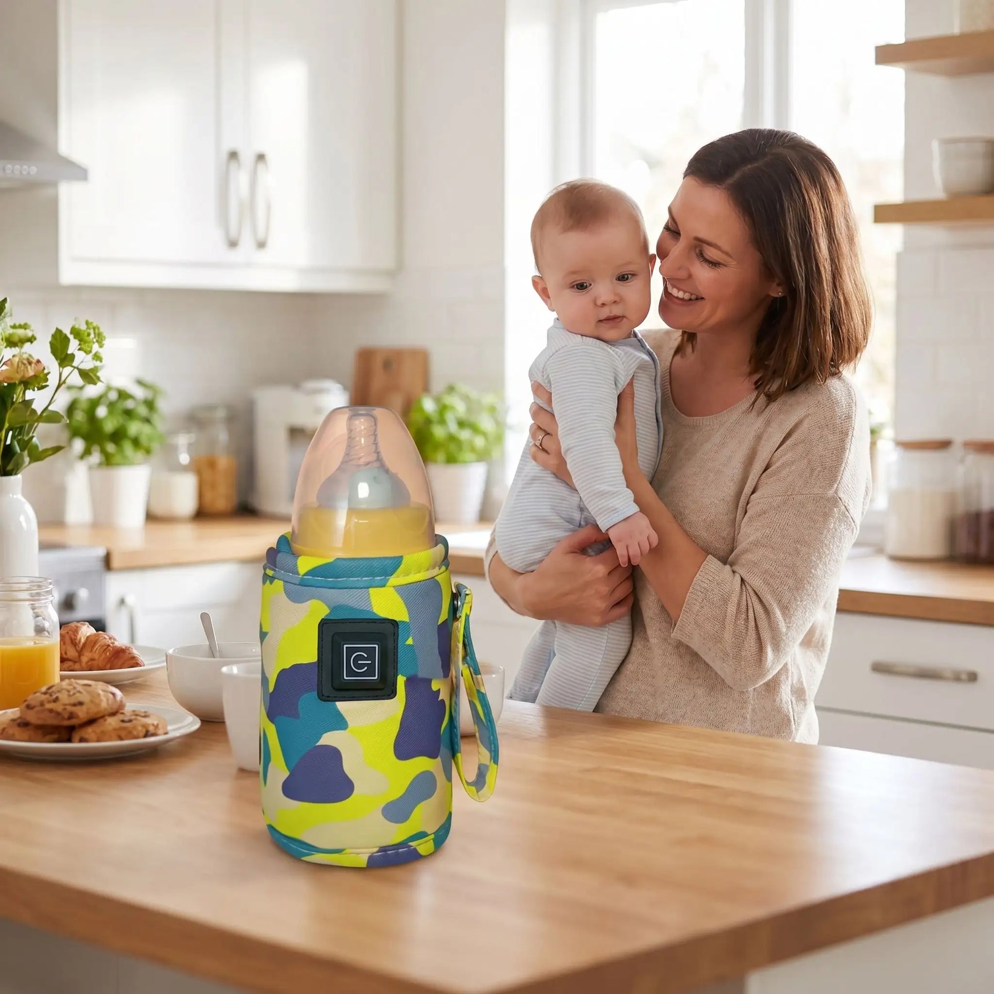 chauffe biberon portable babynomade sur la table de cuisine avec bébé et maman