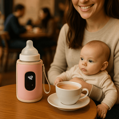 chauffe biberon portable nomadplus à coté de maman et bébé au café