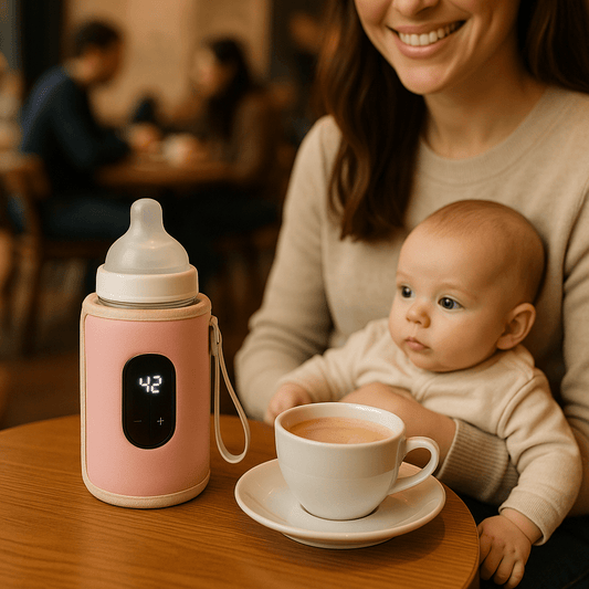 chauffe biberon portable nomadplus à coté de maman et bébé au café