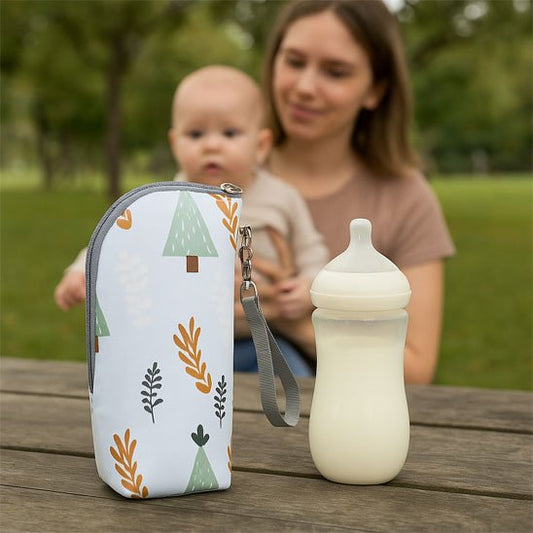 chauffe - biberon portable pratisécur et biberon sur la table à coté de maman et bébé
