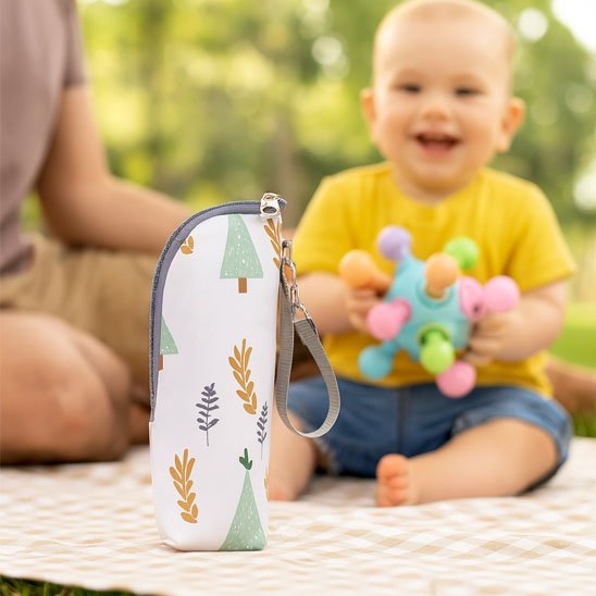 chauffe - biberon portable pratisécur sur la couverture à coté de bébé