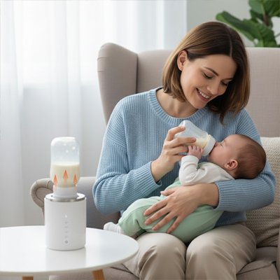 chauffe biberon portable rapide sur la table à coté de maman et bébé
