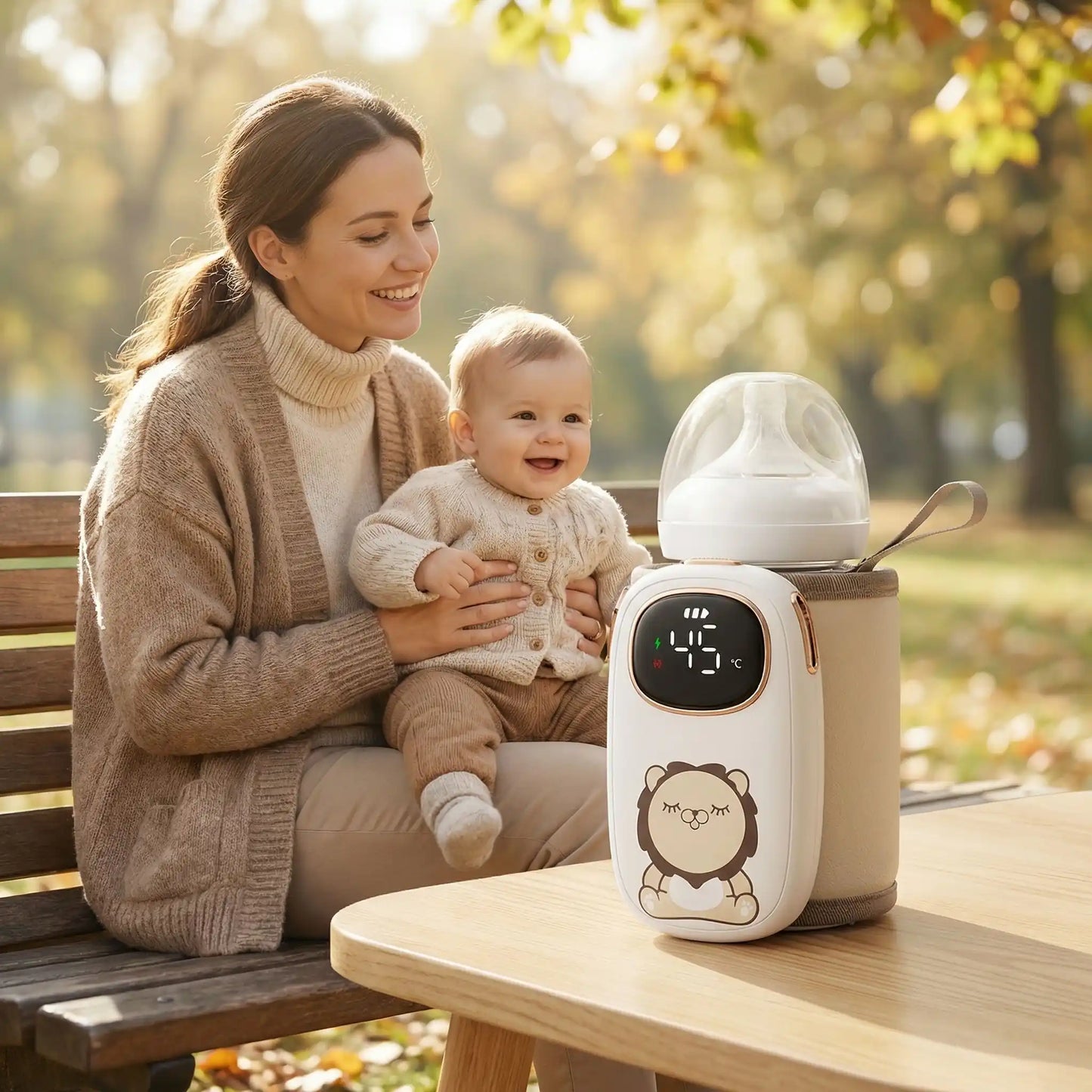 chauffe biberon portatif mobile sur la table au parc avec bébé et maman