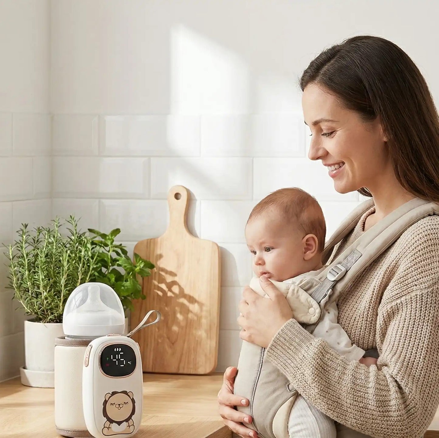 chauffe biberon portatif mobile sur la table dans la cuisine avec maman et bébé
