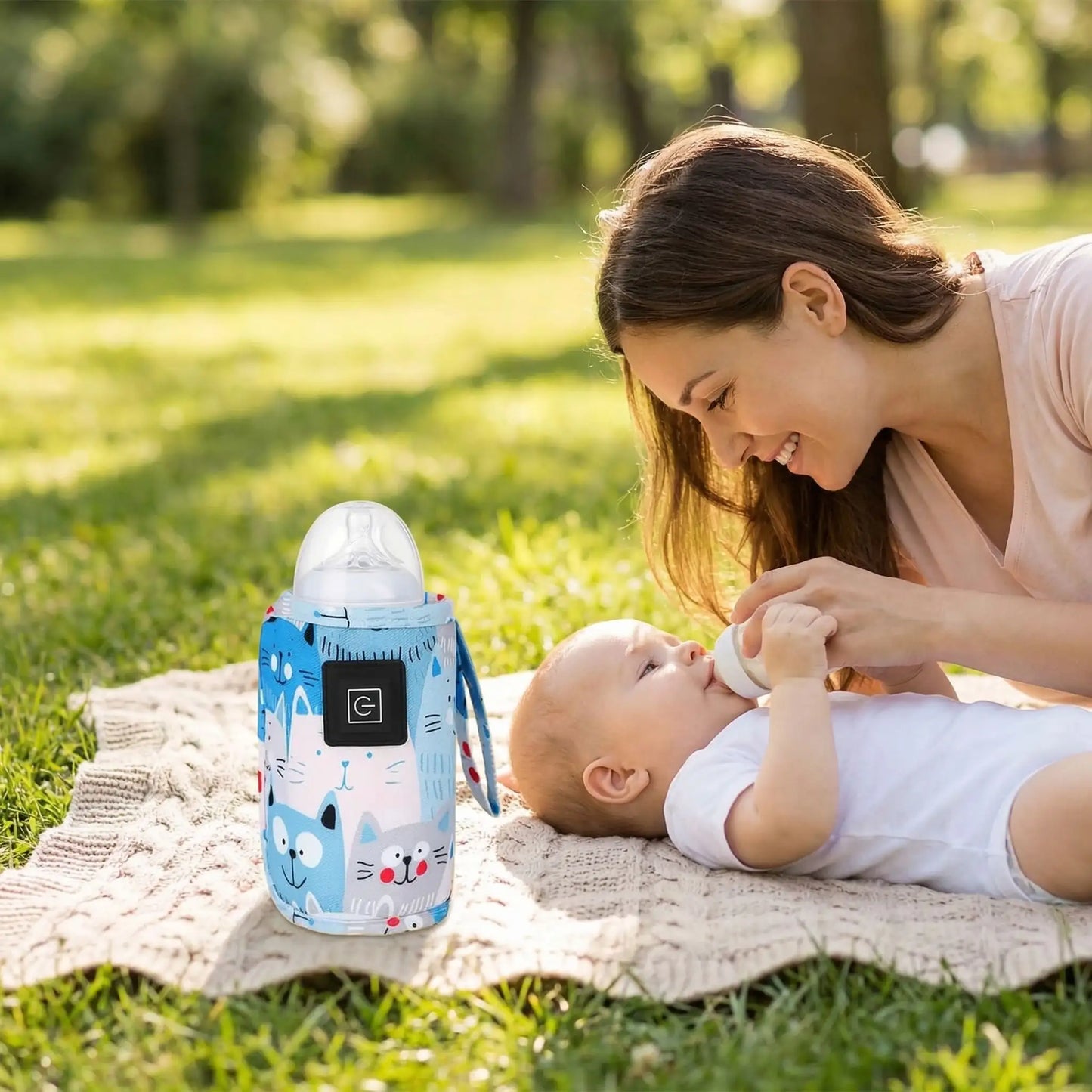 chauffe biberon rechargeable portable avec biberon sur la couverture avec maman et bébé