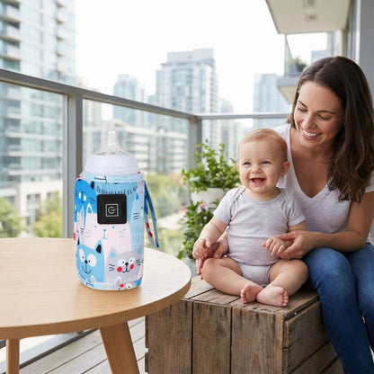 chauffe biberon rechargeable portable sur la table à coté de maman et bébé