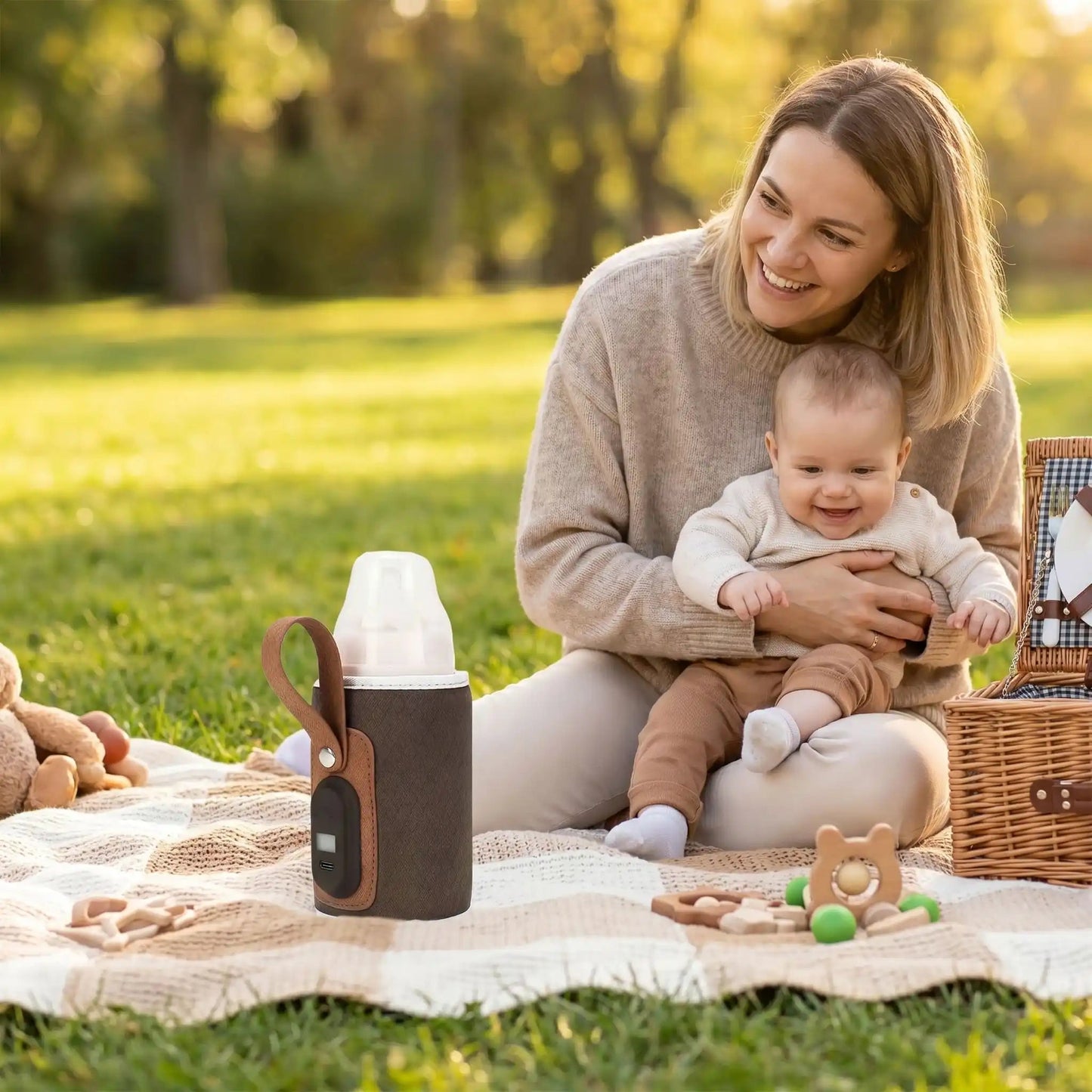 chauffe biberon transportable babyfree sur la couverture au parc avec bébé et maman