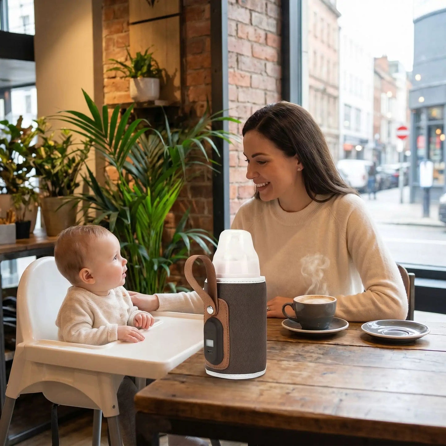 chauffe biberon transportable babyfree sur la table au café restaurant avec maman et bébé