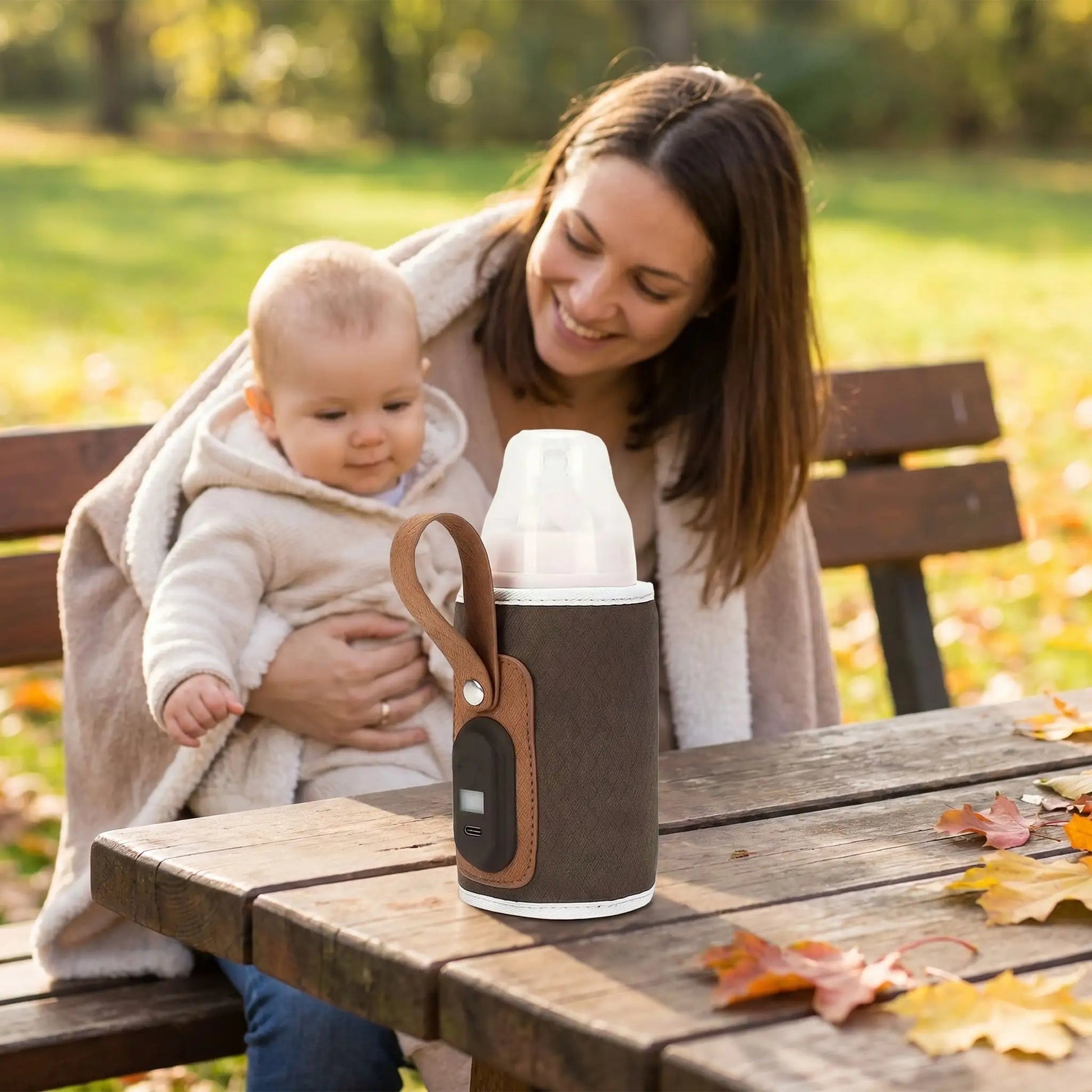 chauffe biberon transportable babyfree sur la table au parc avec bébé et maman