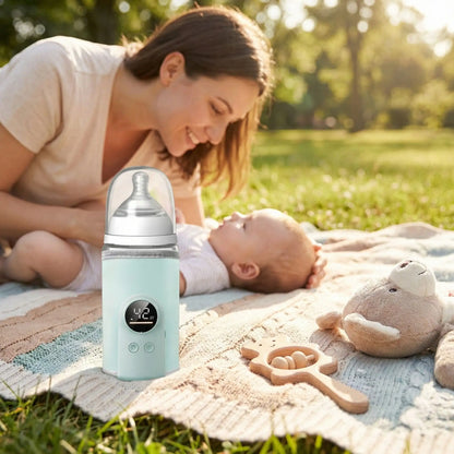 chauffe biberon voyage compact intelligent sur la couverture avec bébé et maman