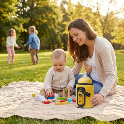 chauffe-biberon nomad easytemp sur la couverture avec bébé et maman 