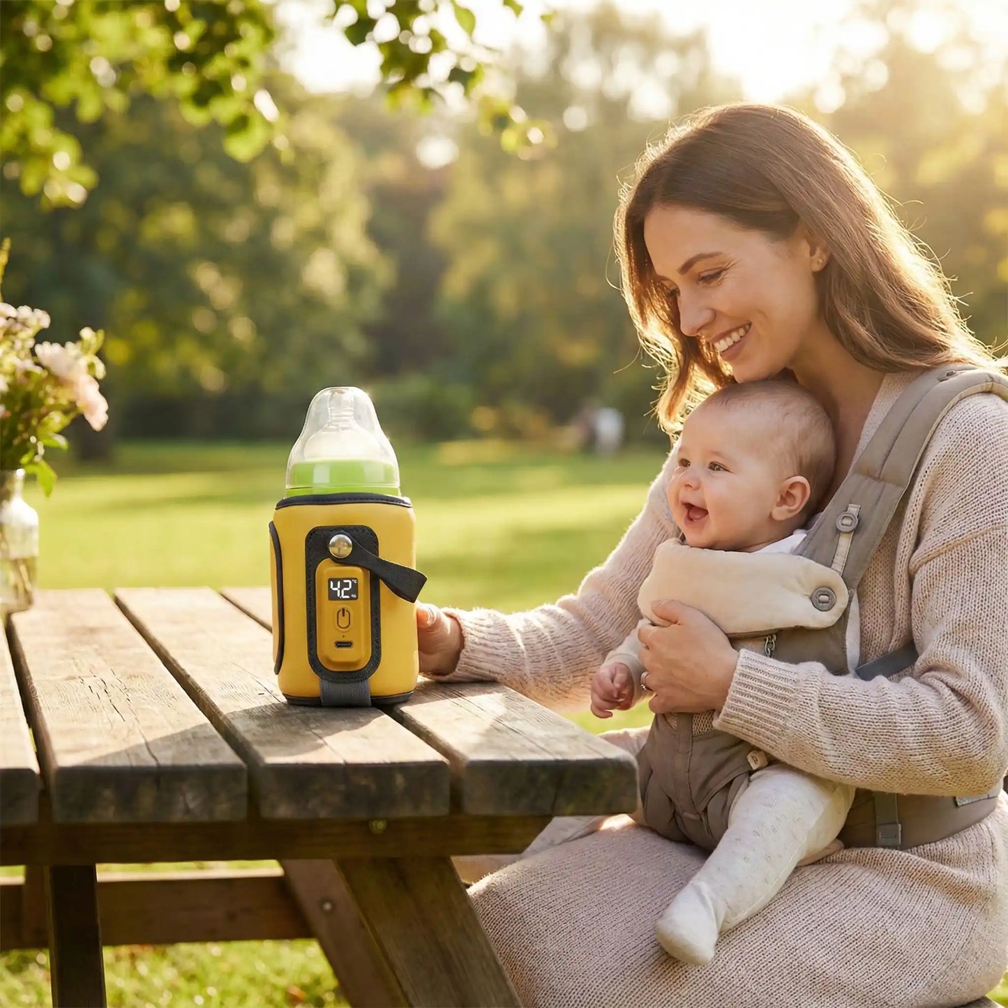 chauffe-biberon nomad easytemp sur la table à coté de maman et bébé
