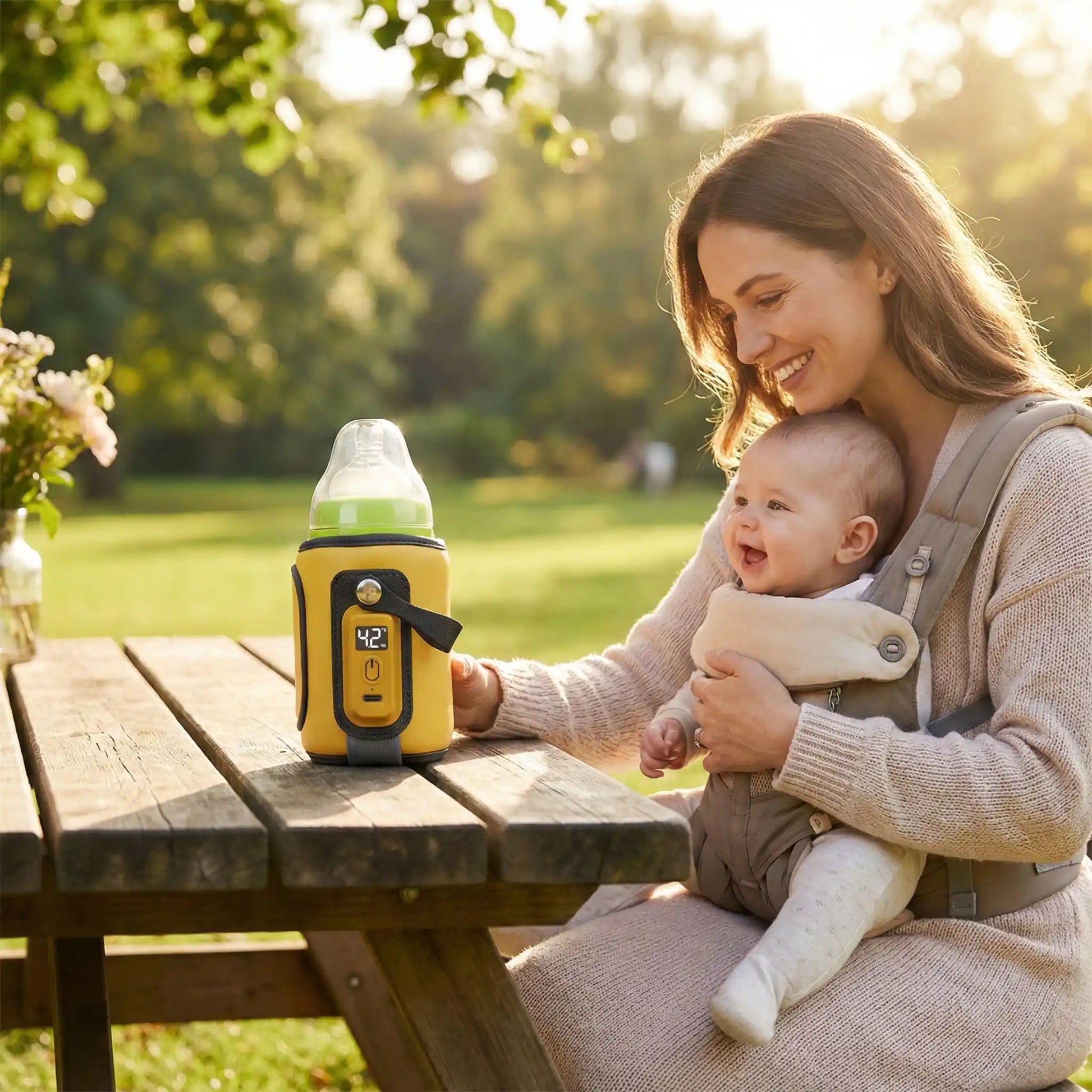 chauffe-biberon nomad easytemp sur la table à coté de maman et bébé