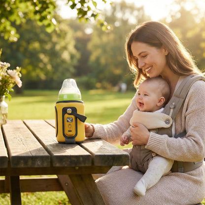 chauffe-biberon nomad easytemp sur la table à coté de maman et bébé