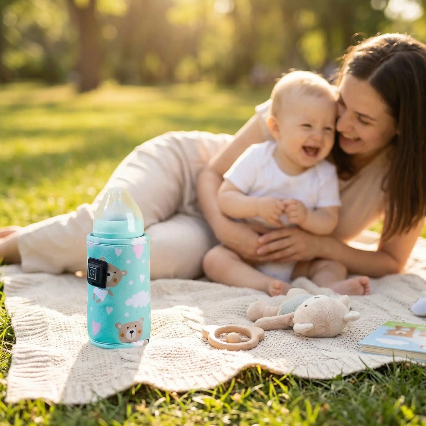 chauffe eau biberon nomade easytravel sur la couverture au parc avec bébé et maman