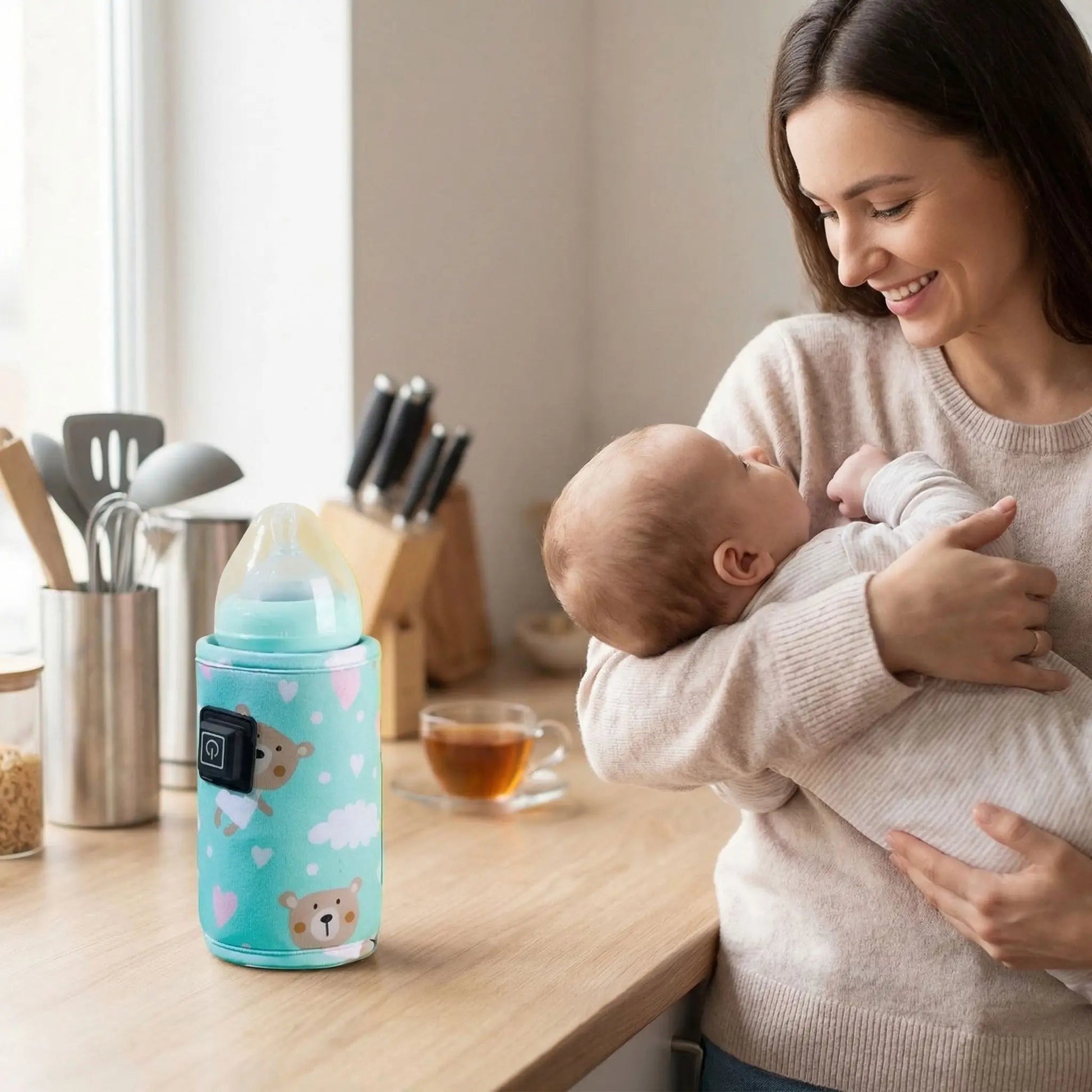 chauffe eau biberon nomade easytravel sur la table dans la cuisine avec bébé et maman