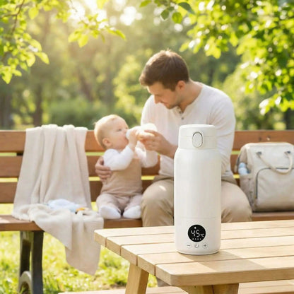 chauffe lait portable autonome sur la table au parc avec bébé et papa