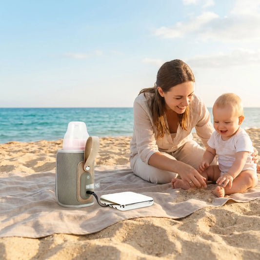 chauffe biberon lait maternel nomade usb serein à coté de maman et bébé sur la plage