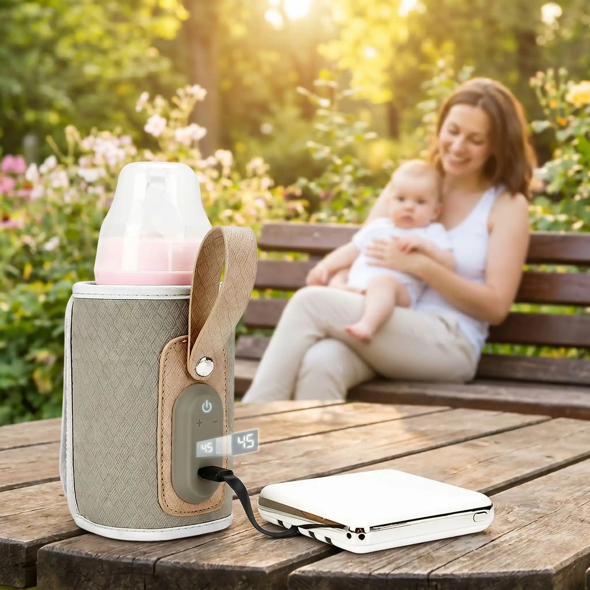 chauffe biberon lait maternel usb serein sur la table à coté de maman et bébé au parc