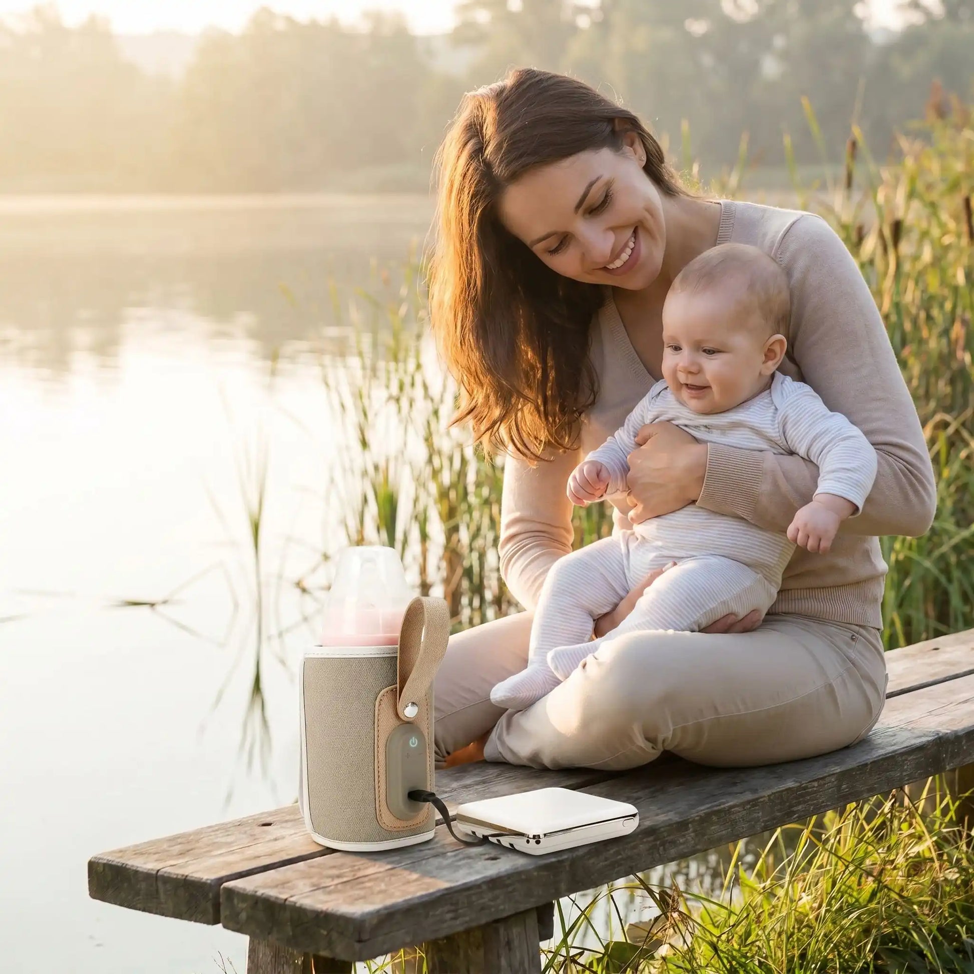 chauffe biberon lait maternel nomade usb serein sur le banc à coté de maman et bebe