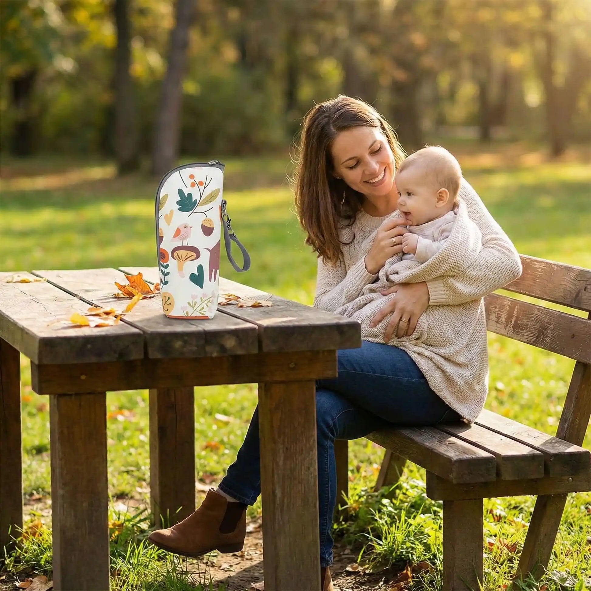 chauffe biberon nomad thermotravel sur la table à coté de maman et bébé au parc