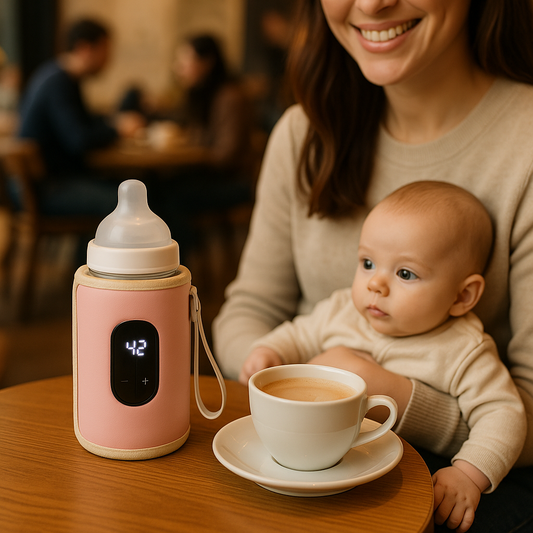 chauffe biberon portable nomadplus sur la table à coté de maman et bébé