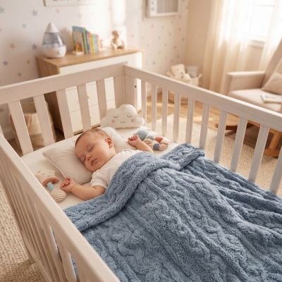couverture bebe tricot zen avec bébé au berceau