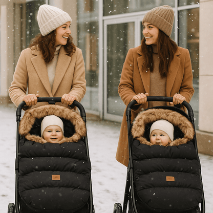 deux mamans poussent leurs bébé dans chancelière poussette cozywinter 