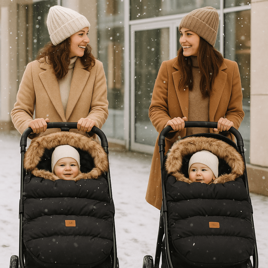 deux mamans poussent leurs bébé dans Chancelière poussette | CozyWinter en bavardant la neige tombe en ville