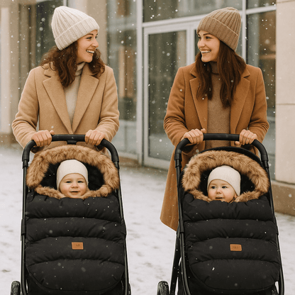 deux mamans poussent leurs bébé dans Chancelière poussette | CozyWinter en bavardant la neige tombe en ville