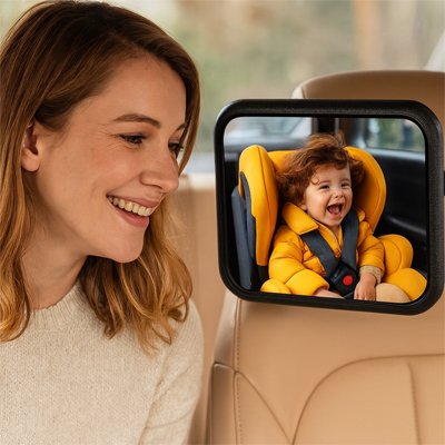 maman à cote de miroir voiture bébé vision idéal avec bébé