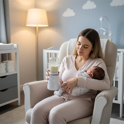 maman assise au fauteuil tient chauffe biberon portable rapide avec bébé